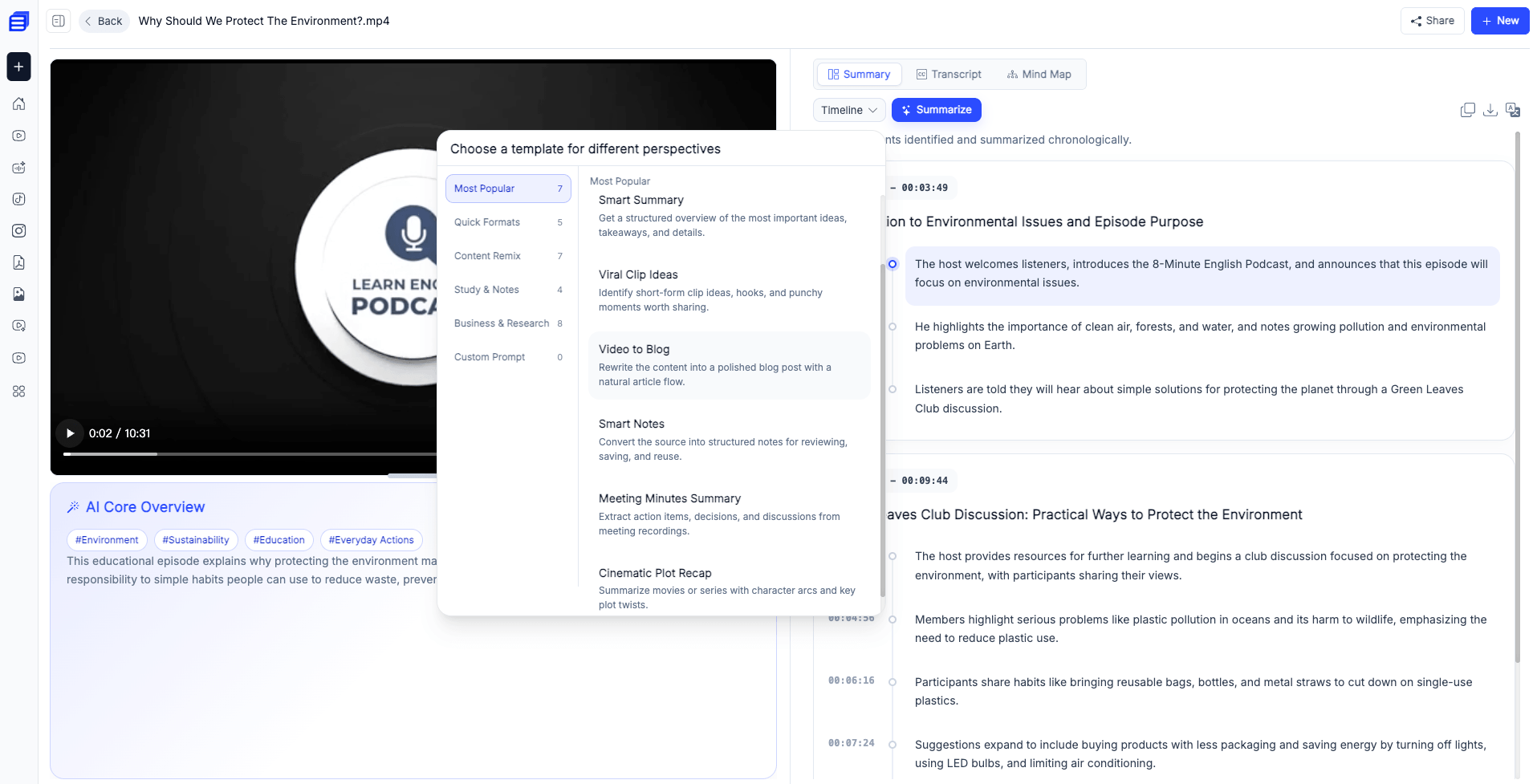 AI Video Summarizer's multi-content repurposing templates