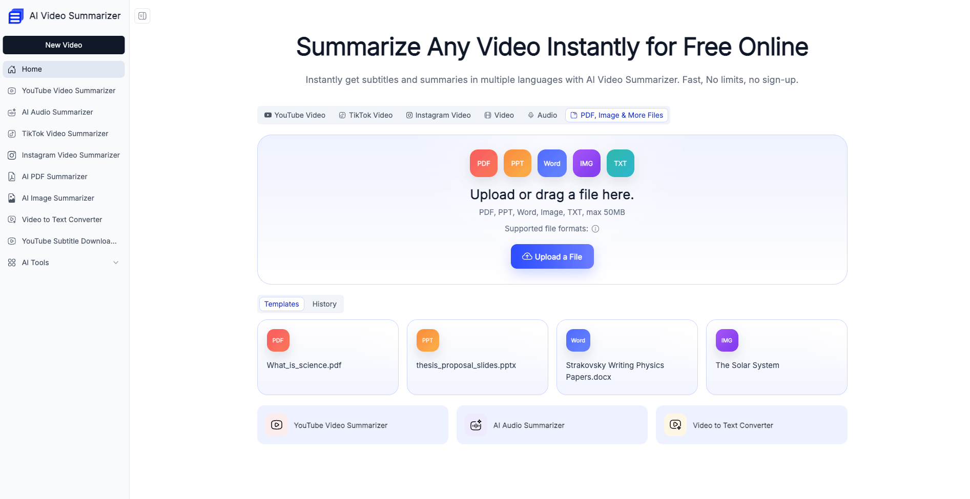 Multiple input formats supported on AI Video Summarizer