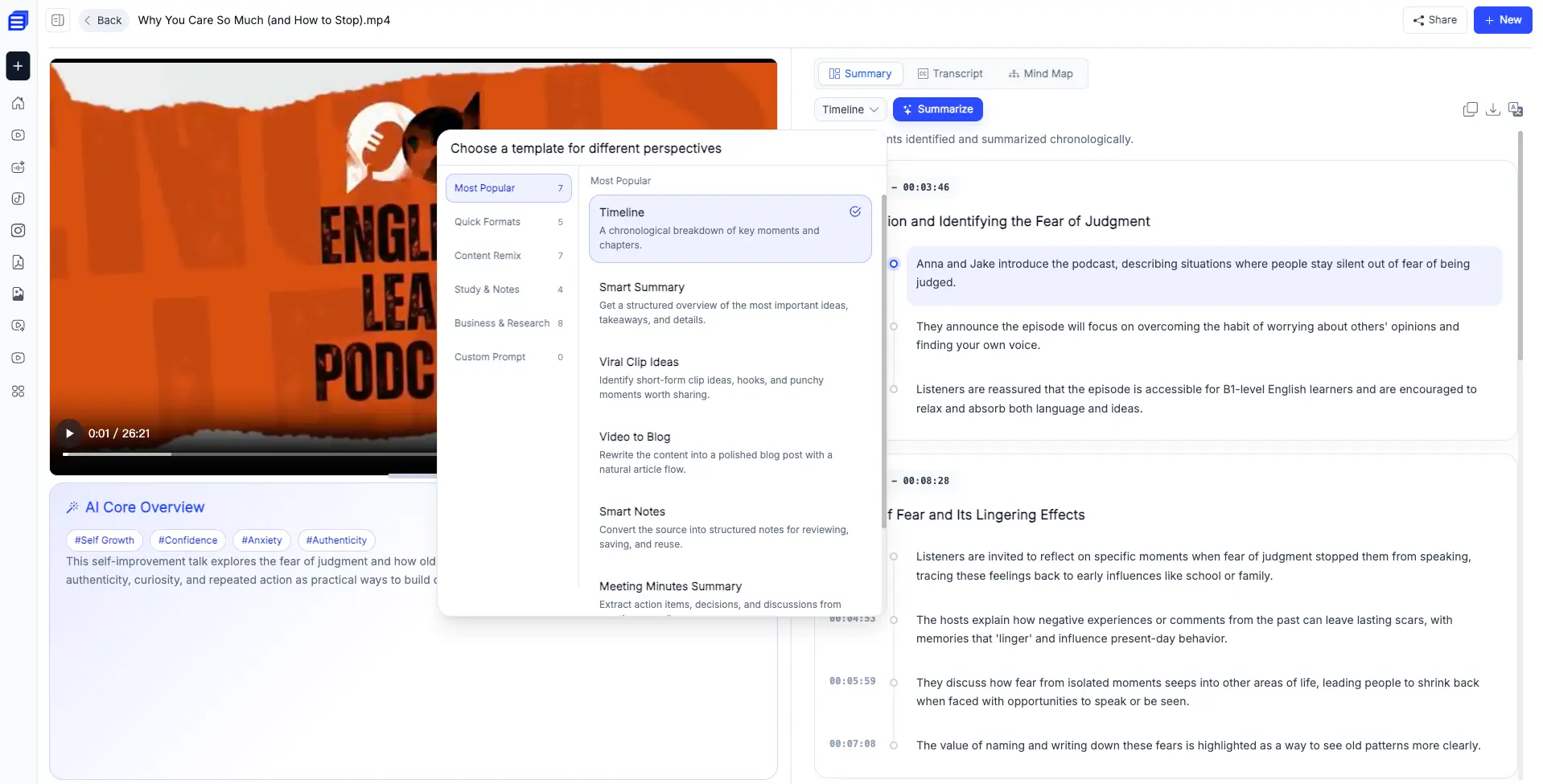 Multiple templates on AI Video Summarizer