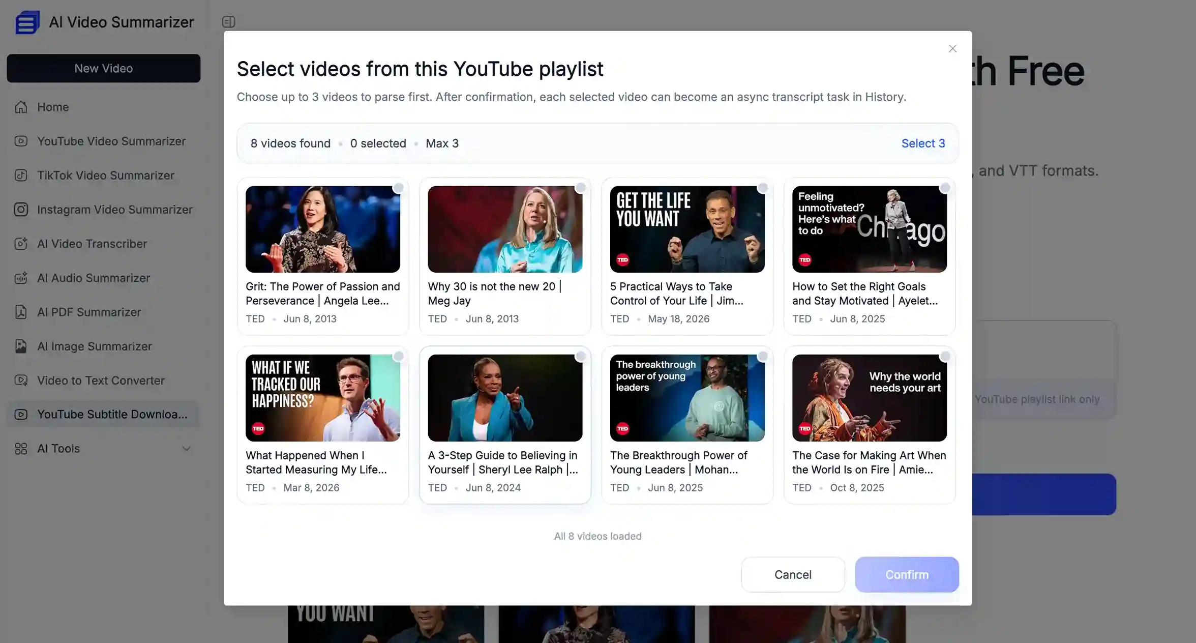 Transcribe YouTube playlist with AI Video Summarizer