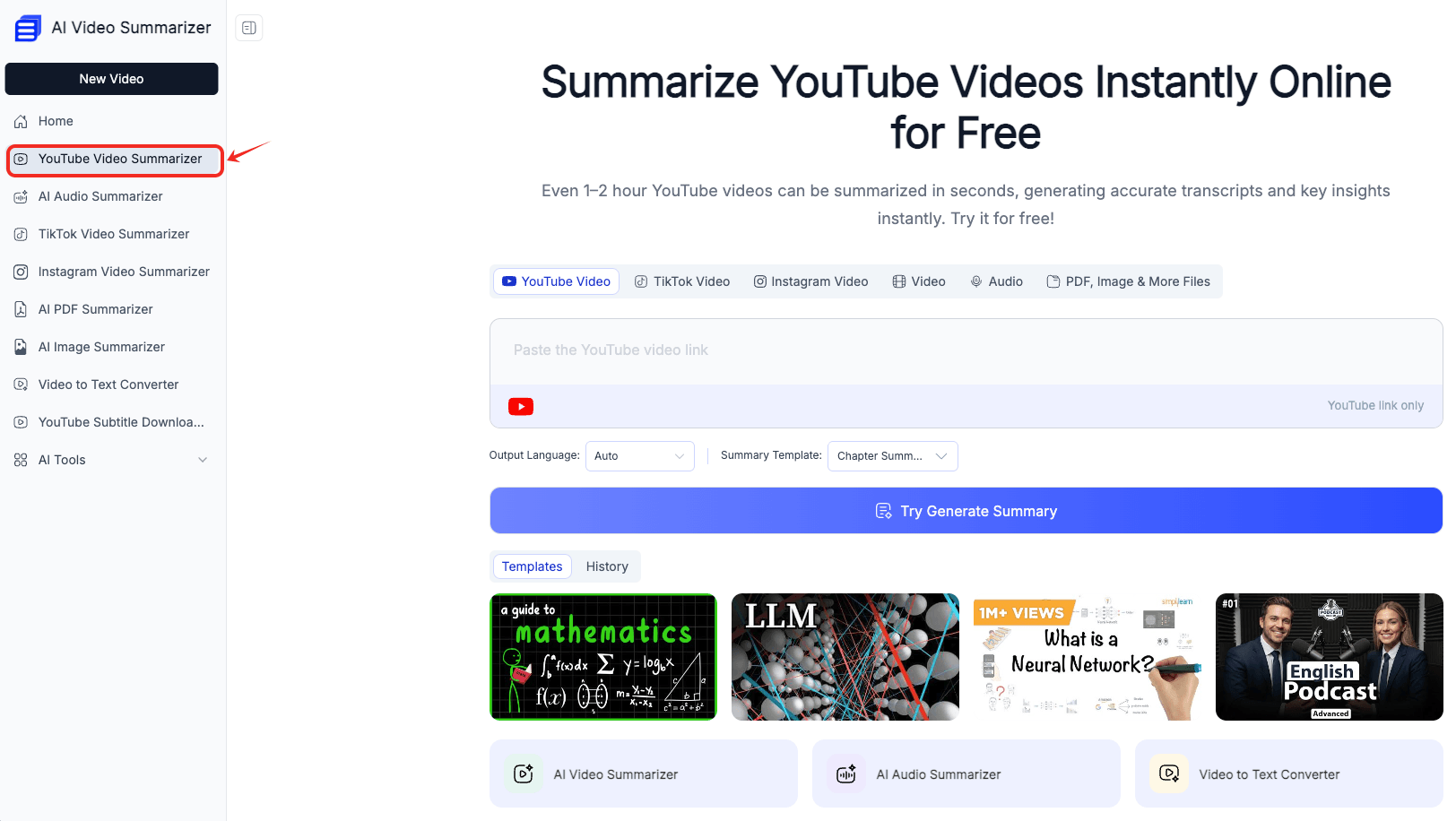 Open AI Video Summarizer and choose YouTube summarizer