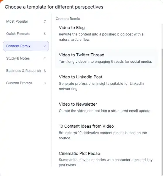 Summary templates of AI Video Summarizer