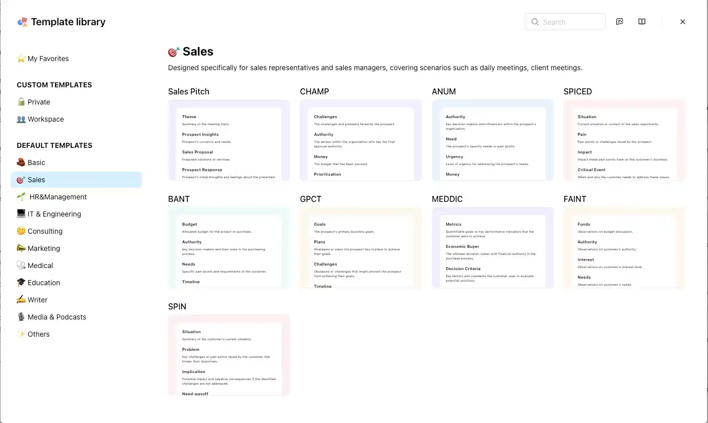 Summary templates of Notta