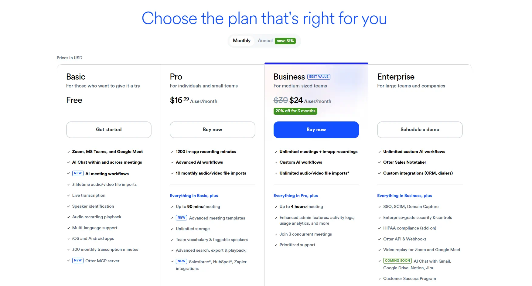 Otter AI pricing model