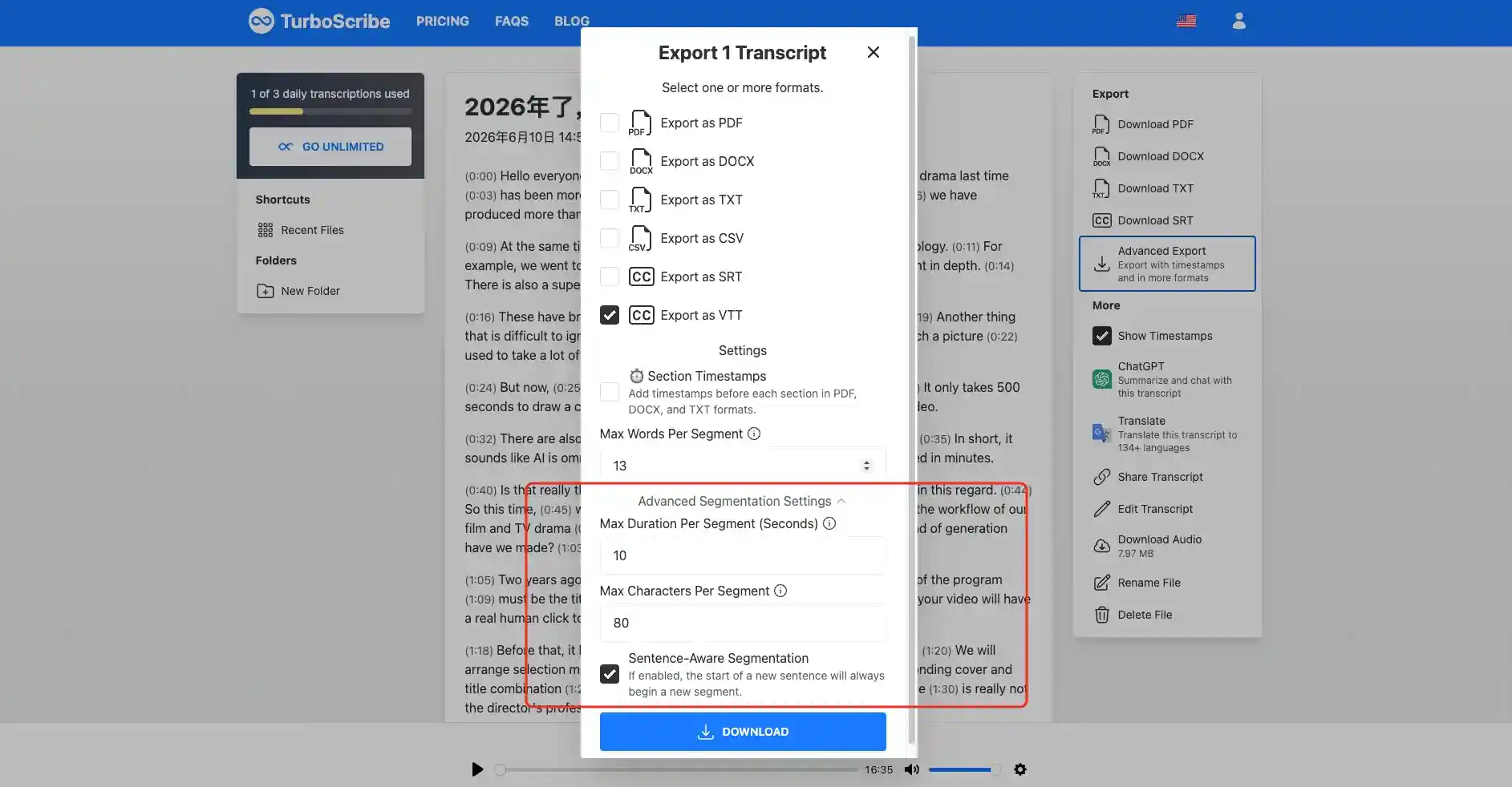 TurboScribe advanced export options