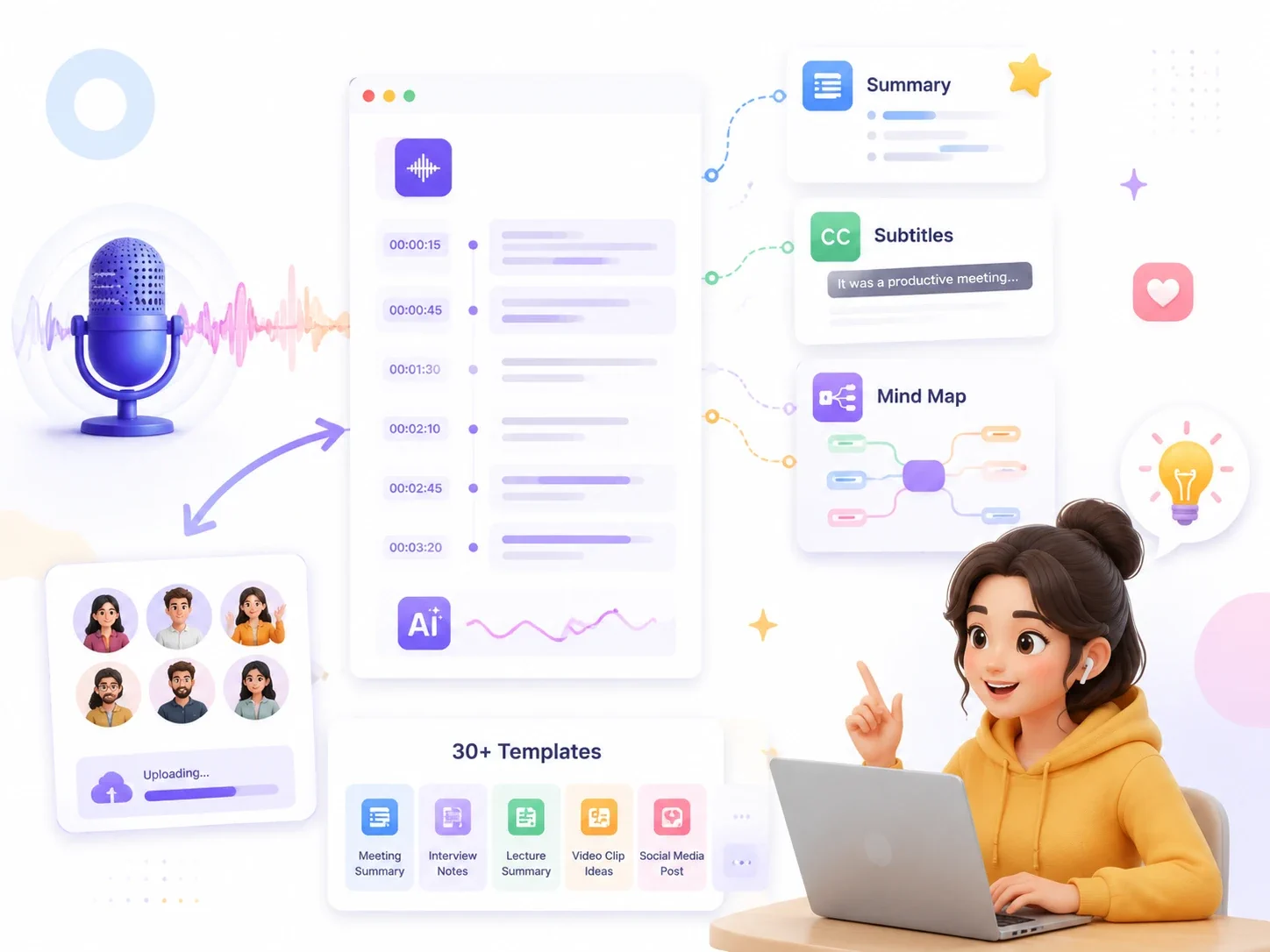 Instant Subtitles, Summaries, and Mind Maps from Audio to Text Transcription