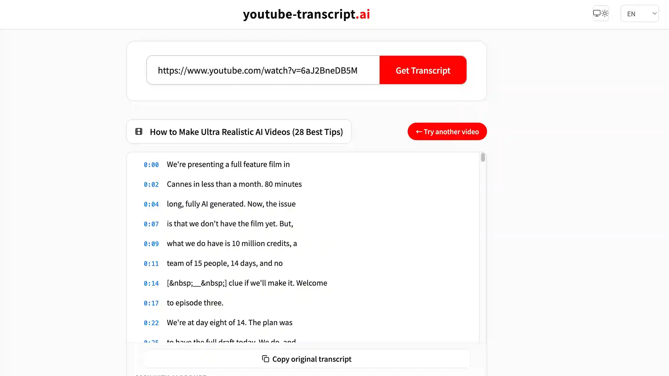 YouTube Transcript AI transcript output